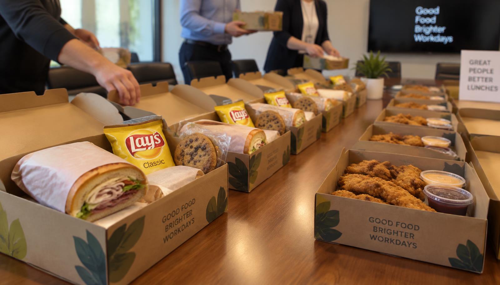 Rows of individual boxed lunches with subs, chips, cookies and chicken tenders set out for a group